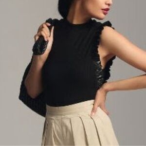 Anthro Black Ribbed Tank with Faux Leather Trim